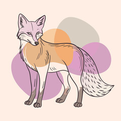 A cute stylized fox stands gracefully amidst abstract shapes; its pastel tones create a warm feel