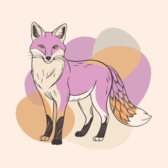 Illustrated fox stands outlined in black with pink coat and peach tail artfully presented