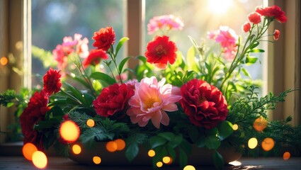 Close-up of a colorful floral arrangement showcasing blooms with lush greenery. Sunlight streams through a window, establishing a cozy ambiance. Ideal for decor inspiration.