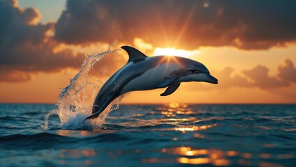 A beautiful dolphin leaped out of the ocean during sunset.