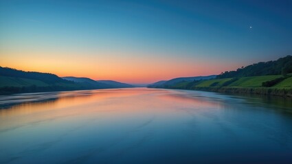 Fototapeta premium A peaceful scene of the Dnipro River at sunset, featuring gentle pastel colors in the sky and the silhouette of Kyiv's bridges and skyline in the background.