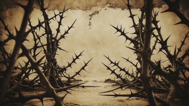 Antique linen texture Easter background featuring Crown of Thorns symbolizing Jesus Christ's crucifixion and resurrection.