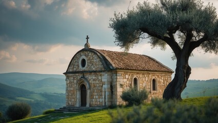 Fototapeta premium Abandoned old orthodox christian monastery church and olive tree in the mountain range of Pentadaltylos near Kerynia town in Cyprus