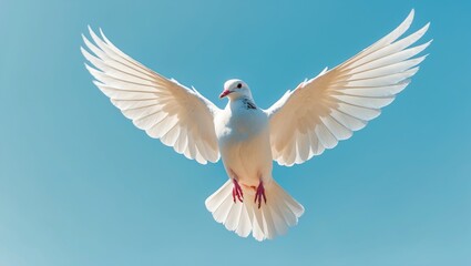 Fototapeta premium Beautiful flying white dove against the blue sky with clouds.