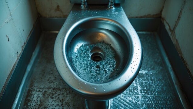 A stainless steel toilet that has just been used for urination and has not been flushed, with foamy urine in smelly public toilets on trains.