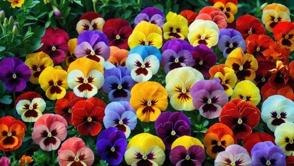 A colorful flower bed featuring a variety of garden pansies in multiple colors.