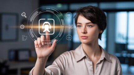 A hand interacts with a holographic support icon.