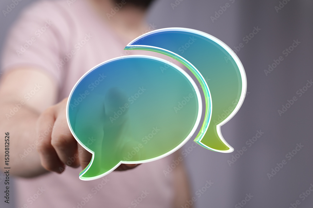Aufkleber Abstract image of a person interacting with digital speech bubbles, representing communication and conversation.