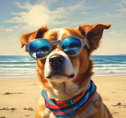 Illustration of funny animal, dog with sunglasses on sandy beach.