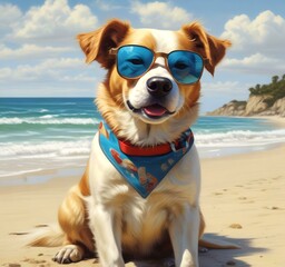 Illustration of funny animal, dog with sunglasses on sandy beach.