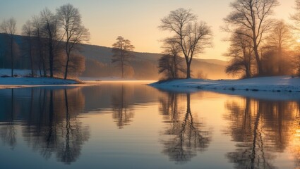 Fototapeta premium A stunning reflection of the setting sun in lake Thingvallavatn, situated within Thingvellir national park in Iceland's golden circle. During a snowy winter day, the sun remains consistently low.