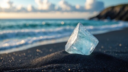 A peaceful scene of a transparent ice chunk resting on a black sand beach with ocean waves in the background.