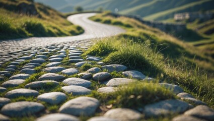 Naklejka premium Ancient winding road paved with cobblestone and overgrown by grass, surrounded by nature.