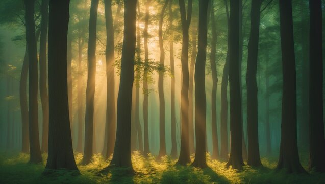 Beautiful foggy forest with warm sun rays as background, perfect for wallpaper. - Powered by Adobe