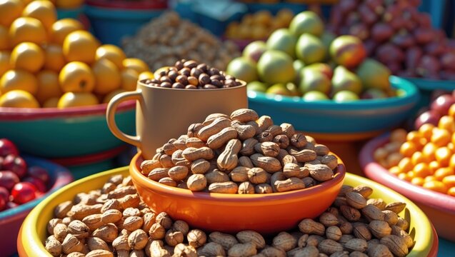 African street vendor selling raw peanuts and monkey oranges on the roadside in Botswana