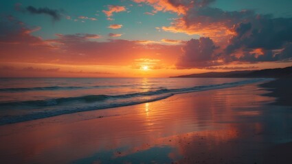 Obraz premium A limitless sky illuminated as the sun softly dips below the horizon, coloring the world with shades of gold and crimson.