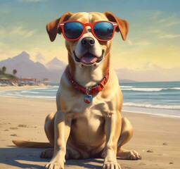 Illustration of funny animal, dog with sunglasses on sandy beach.