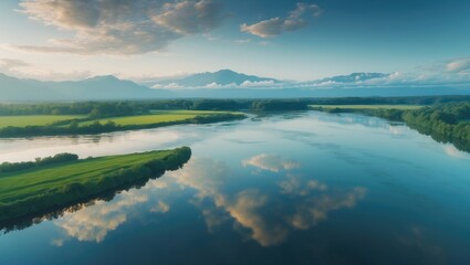 Fototapeta premium Aerial perspective of the lake and mountain during morning at Gorontalo, Indonesia