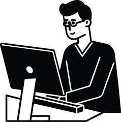 Man with glasses working at Silhouette computer in solid black vector illustration
