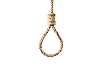 A thick, twisted rope tied into a noose knot hangs, isolated on a transparent background