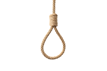 A thick, twisted rope tied into a noose knot hangs, isolated on a transparent background