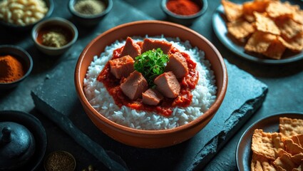 Egyptian oriental Fettah featuring white rice and crispy bread topped with seasoned garlic red sauce, crispy fried garlic, and veal chunks on a rustic dark background. Top view, close-up.