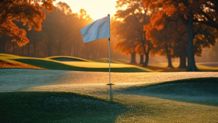 A white golf flagpole is positioned on a frosted green, bathed in golden light, with trees encircling the area.