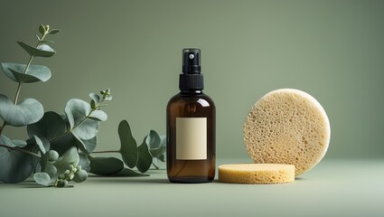 Body spray in amber glass cosmetic bottle, loofah, eucalyptus leaves on green background. SPA natural organic beauty product packaging design, branding. Beauty salon banner mockup. Flat lay, top view.