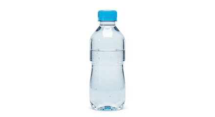 Water Bottle with Blue Cap on White Background, Clear Liquid, Simple Still Life