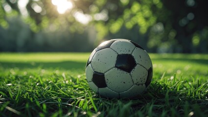 Fototapeta premium A soccer ball rests on lush green grass, with trees surrounding it beneath a bright blue sky. It waits for enthusiastic players prepared to kick and score in an enjoyable game.