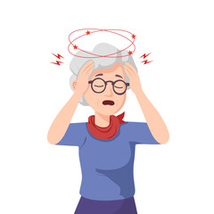 Upset grey haired grandma suffering from vertigo. Elderly woman standing and holding his head cartoon animated personage. Granny feeling dizzy vector illustration