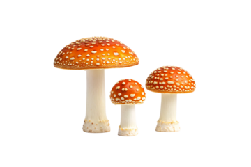 Three red spotted mushrooms with white stems arranged in different sizes showing classic toadstool appearance, isolated on a transparent background