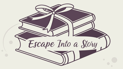 Illustration of stacked books with a ribbon and the text escape into a story on a light background color