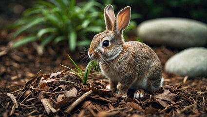 Fototapeta premium A tiny rabbit resting on a pile of leaves and mulch