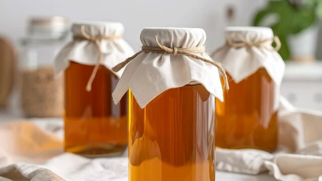 Homemade fermented tea in glass jars with cloth and string covers on a white countertop with plant and ingredients