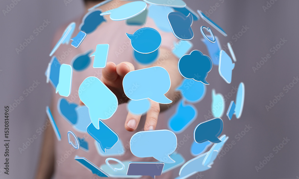 Poster person interacts with a digital sphere of chat bubbles, symbolizing global communication and online 