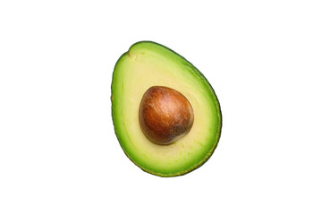 Ripe avocado half displaying smooth pale green flesh with dark brown seed, isolated on a transparent background