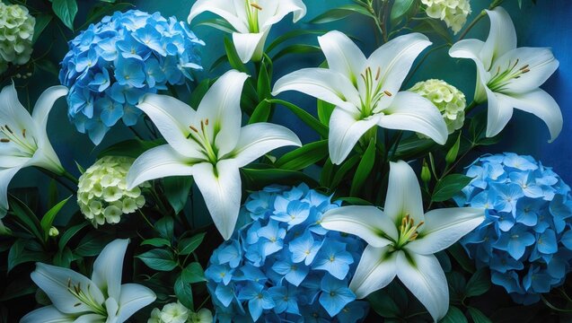 A colorful garden scene showcasing white lilies and blue hydrangeas flowers in full bloom on a sunny day.