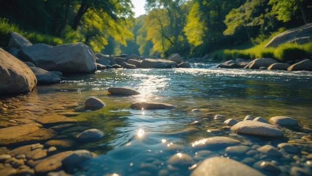 A river flowing over rocks in a river within Pisgah National Forest near Burnsville, NC, USA on a cloudy day.