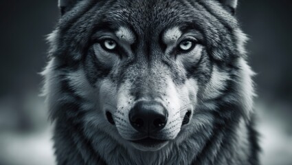 Gimlet gaze directly into your soul of a fierce female wolf. Menacing expression of the young European wolf, a stunning animal and highly dangerous beast. Black and white square photograph.