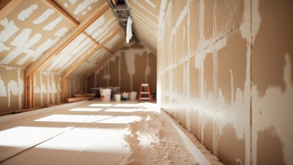 Attic finishing construction site during the drywall spackling and plastering phase prior to screeding.