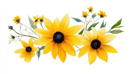 Naklejka premium Bright and vibrant watercolor botanical illustration featuring yellow flowers with dark centers, showcasing nature beauty