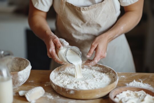 Baker pouring sourdough starter into flour in wooden bowl for baking bread