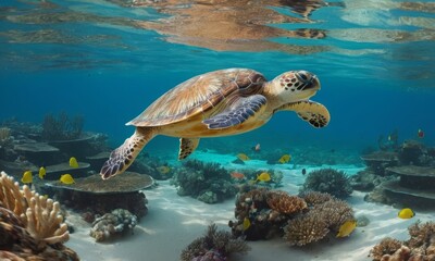 Obraz premium Sea Turtle Gracefully Swimming in Turquoise Waters Near Coral Reef