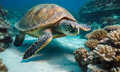 Graceful sea turtle swimming through crystal-clear tropical waters
