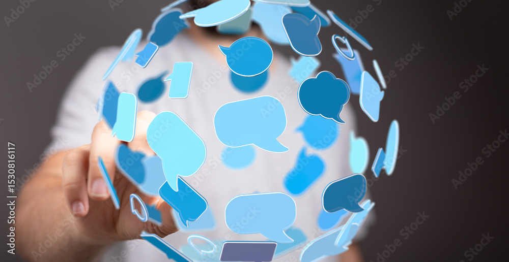 Poster A man interacts with a sphere of digital speech bubbles, symbolizing global communication and networking.