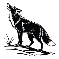 Black silhouette of a howling wolf standing amidst grass under the sky looks striking