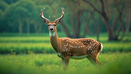 Fototapeta premium Stunning male Spotted Deer in its natural environment