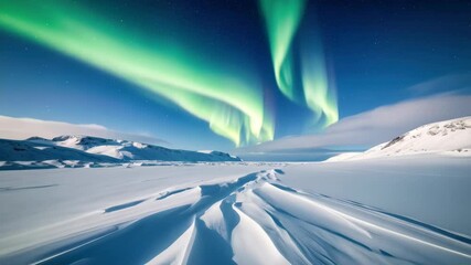Winter landscape with snow covered plains and mountains under a vibrant display of green northern lights in the night sky - Powered by Adobe