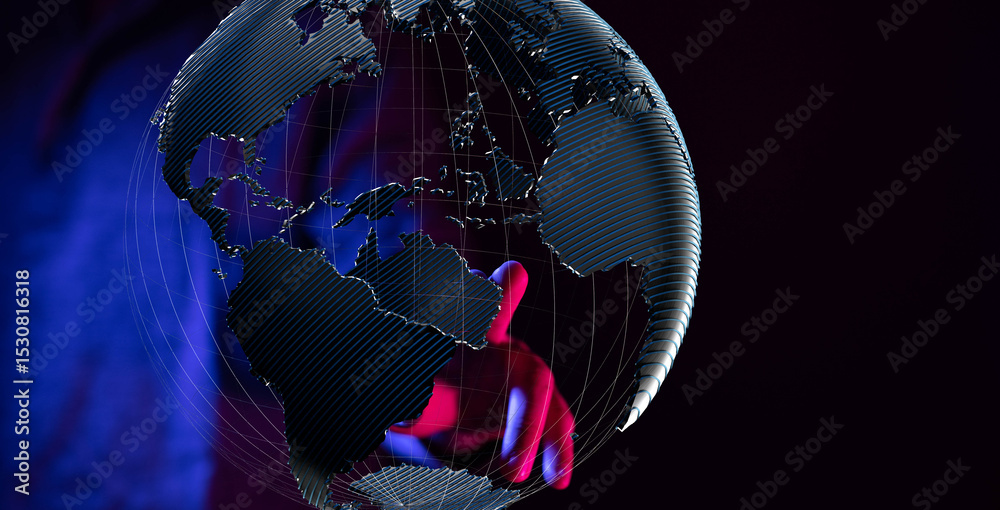 Fototapete Abstract image of a hand interacting with a digital globe, symbolizing global connectivity and networking.